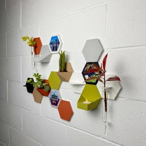 Pode incluir: Um conjunto de prateleiras de parede geométricas em forma de favo de mel, em várias cores, incluindo branco, laranja, verde e cinza. Algumas prateleiras contêm pequenas plantas, fotos e uma vela. As prateleiras são montadas em uma parede de tijolos brancos.