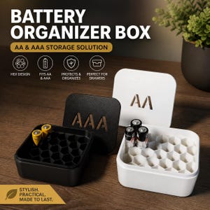 Battery Organizer Box with Lid – AA AAA Storage Case – 3D Printed Hex Design – Drawer Organizer – Minimalist Home Storage