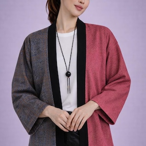 Two Tone Kimono Jacket, Oversized Printed Women’s Cardigan, Modern Boho Outerwear, Wide Sleeve Layer