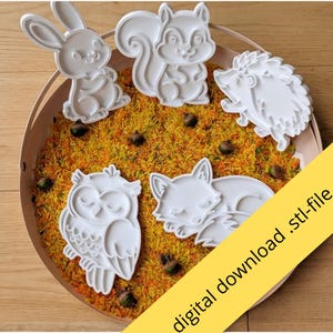 Op de afbeelding: Vijf witte plastic uitsteekvormpjes in de vorm van dieren, waaronder een konijn, eekhoorn, egel, uil en vos, gerangschikt op een ronde schaal gevuld met oranje en gele rijst en kleine eikeltjes. De afbeelding bevat de tekst digital download .stl-file.
