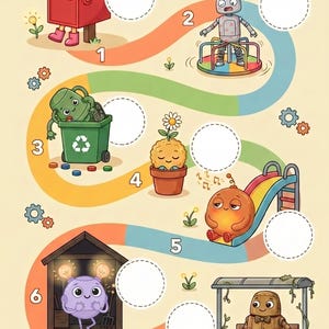Puede incluir: Una colorida ilustración de juego de mesa que presenta un camino sinuoso numerado del uno al siete. El camino incluye personajes de dibujos animados como un buzón, un robot giratorio, un contenedor de reciclaje, una planta en maceta, una criatura deslizándose, una bombilla y un robot en un banco.
