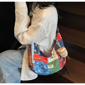 Bunte Patchwork Hobo Bag, Boho Crossbody Schultertasche für Frauen