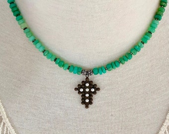 Southwest Western Cowgirl Boho chrysoprase sterling silver and brass cross necklace
