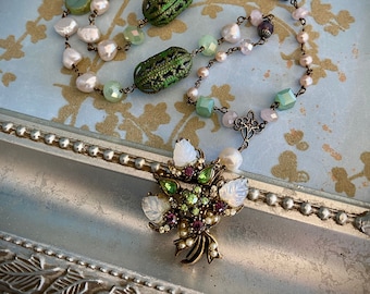 Floral assemblage necklace with pearls and mixed Czech glass