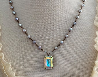 Estate Style Pearl and Iridescent Jewel Necklace