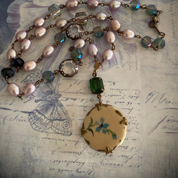 Enchanting Assemblage Necklace with vintage floral brooch, freshwater pearls, and crystal beads