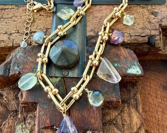 Könnte beinhalten: Goldfarbene Halskette mit Doppelketten-Design, verziert mit Edelsteinen in Lila, Grün und Klar. Die Halskette hat einen großen, tropfenförmigen Amethyst-Anhänger. Der Hintergrund ist eine Holzoberfläche.