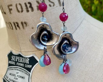REDUCED** VIBRANT Mid-Century Modern flower and gem repurposed earrings