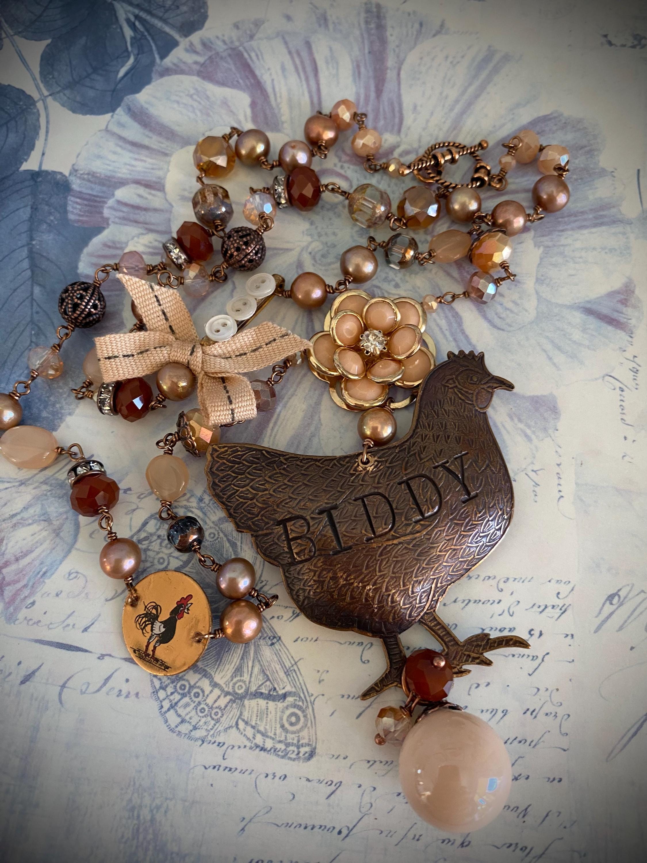 Henny Penny Repurposed Vintage Biddy Chicken Hen brooch assemblage necklace
