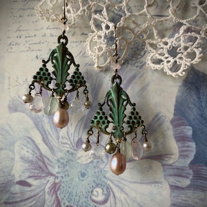 Art Deco Floral chandelier earrings with pearls and mixed gemstones