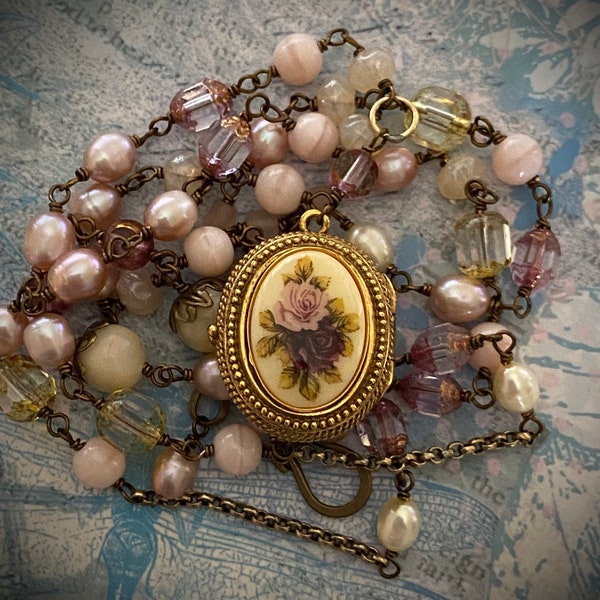 Creamy Dreamy Vintage Pocket Watch and Pearl Assemblage Necklace