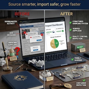 Puede incluir: Imagen que compara la actividad desorganizada con un sistema de abastecimiento estructurado. El lado "Antes" muestra un portátil con errores de conexión, mientras que el lado "Después" muestra un panel de control de importación con proveedores verificados y márgenes visibles. Incluye un cuaderno, bolígrafos y un mapa del mundo.