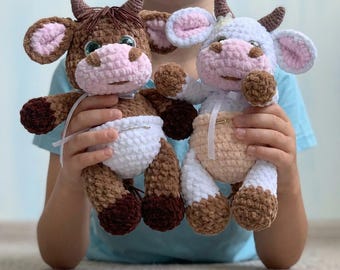 BUNDLE 2 in 1 Baby Cow Crochet Plush | Velvet Cow Amigurumi Set | Cute Highland Cow Stuffed Toy | Handmade Bull and Heifer Gift Pack