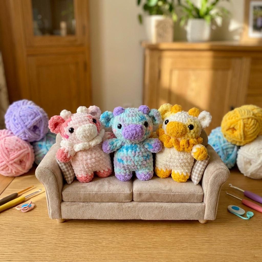 30 Sunflower Cow Crochet Patterns to Bring Rustic Farm Charm to Your Home 22 3 Little Flower Cows Amigurumi Bundle