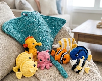 BUNDLE 8 in 1 Ocean Crochet Plush | Sea Animal Amigurumi Set | Stingray, Octopus, Clownfish, Seahorse Plushies | Under the Sea Nursery Decor
