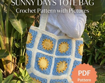 Sunny Days Tote Bag Crochet Pattern PDF | Granny Square Bag Tutorial with Pictures | Sun Motif Crochet Purse | Summer Shoulder Bag Pattern
