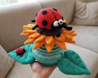 Ladybug on Sunflower Crochet Pattern | Amigurumi Flower Pot PDF | Cute Inverted Beetle Plushie, Summer Plant Toy Tutorial Digital Download