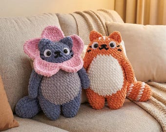 BUNDLE 2 in 1 Crochet Cat Plush | Flower Cat Velvet Amigurumi | Cute Orange Tabby Plushie | Handmade Kitten Toy | Totoro Inspired Gift Pack