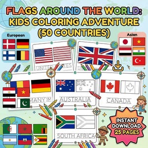 May include: A colorful educational graphic with the text "FLAGS AROUND THE WORLD: KIDS COLORING ADVENTURE (50 COUNTRIES)". The image features flags from various countries, including the USA, UK, and Canada, with crayons and globes.