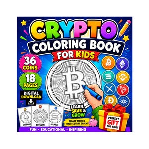 Könnte beinhalten: Buntes Cover eines "Crypto Malbuchs für Kinder". Das Buch zeigt eine große Bitcoin-Umrisslinie, verschiedene Kryptowährungssymbole und den Text "Lernen, Sparen & Wachsen". Enthält eine Geschenkbox und ein Sparschwein.