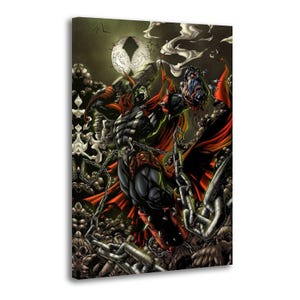 May include: Comic book art print featuring Spawn, a superhero with a red cape, chains, and a skull-like mask, against a dark, moonlit background. The artwork is detailed with a mix of black, red, and gray tones.