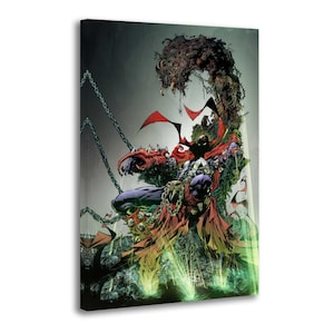 May include: Comic book art print of Spawn, a superhero, on a throne. The artwork uses dark colours, with red, green, and purple accents. Chains and a dark, ominous background complete the image.