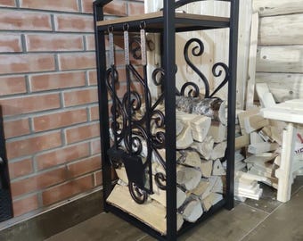 Black Metal Firewood Rack with Tools, Cabin Hearth Wood Storage Stand