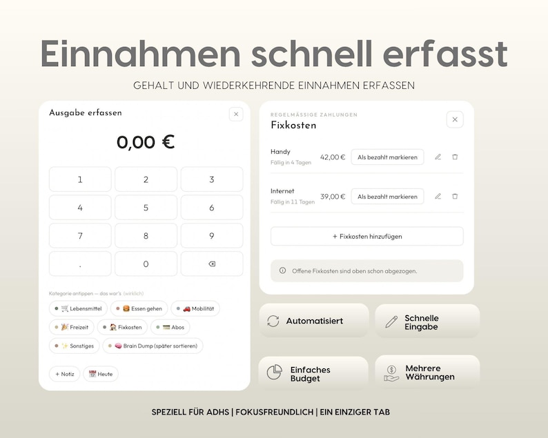 May include: A digital interface for financial tracking featuring a numeric keypad for expense entry, a list of recurring fixed costs, and buttons for automated entries, quick input, budget management, and currency selection, all in a clean layout.