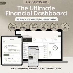 May include: An 8-in-1 money tracker financial dashboard displayed on a laptop, tablet, and smartphone. The interface features budget planner, expense tracker, savings goal, debt payoff, bill calendar, and net worth tools with text labels.