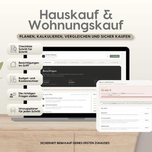 May include: A digital interface for home buying titled Hauskauf & Wohnungskauf, featuring a checklist for planning, calculating, and comparing. The screen displays financial data, including a 25.466 € figure, alongside navigation tabs for property viewings and budget management tools.