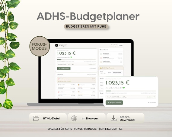 ADHS Budgetplaner Deutsch | Eine Zahl statt zwanzig | Verfügbar-Rechner, Fokusmodus, Brain Dump | Kein Abo, Kein Konto, HTML-Datei