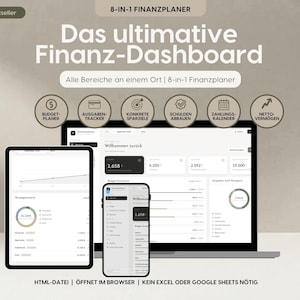 May include: An 8-in-1 financial dashboard digital planner displayed on a laptop, tablet, and smartphone. The interface features text in German including 'Das ultimative Finanz-Dashboard', 'Budget-Planer', 'Ausgaben-Tracker', and 'Netto-Vermögen'.