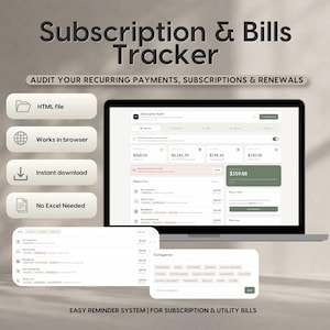 May include: A digital subscription and bills tracker displayed on a laptop screen, featuring a dashboard for recurring payments, renewals, and audits. The interface includes categories, financial summaries, and a reminder system for utility bills.