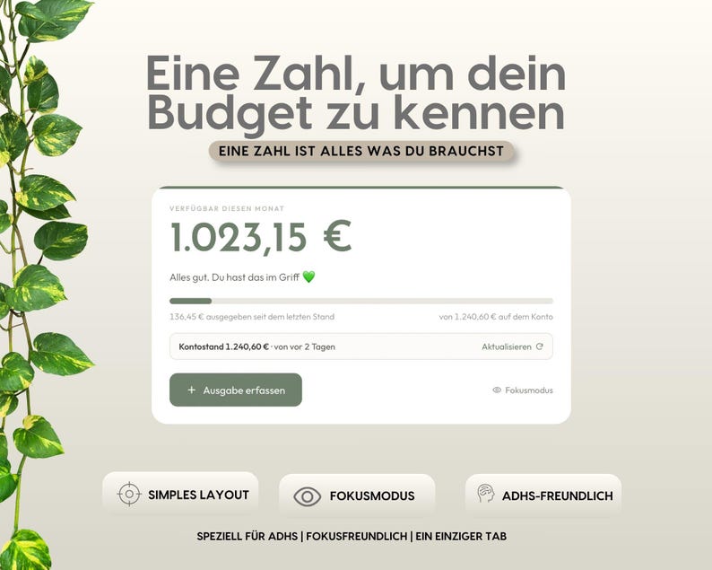 May include: A digital interface display featuring the text 'Eine Zahl, um dein Budget zu kennen' and '1.023,15 &euro;' with a progress bar. The layout includes buttons labeled 'Simples Layout', 'Fokusmodus', and 'ADHS-freundlich' alongside a green vine graphic.