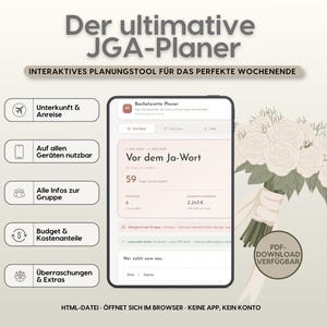 May include: A digital bachelorette party planner displayed on a tablet screen, featuring sections for travel, group information, budget, and extras. The interface includes text like 'Vor dem Ja-Wort' and 'Bachelorette Planer' alongside a bouquet of white roses.