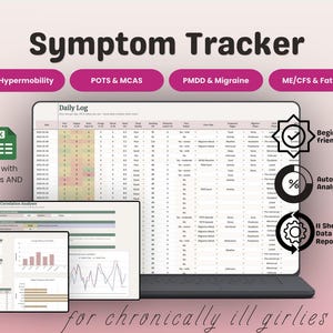 Chronic Illness Symptom Tracker | EDS, POTS, MCAS, Migraine (Google Sheets, Excel) | Zebra Spoonie Log