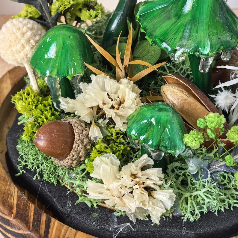 Pu&ograve; includere: Un terrario dettagliato con sculture di funghi verdi lucidi, fiori secchi e una ghianda. La composizione comprende varie tonalit&agrave; di muschio e fogliame verde, creando una scena di foresta in miniatura. La base &egrave; una superficie scura e strutturata.