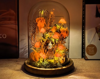 Orange Mushroom Lamp, Mushroom Lamp with Little Bird, Dried Flower Decor, Mushroom Night Light, Fairy Lights, Unique Birthday Gift Lamp