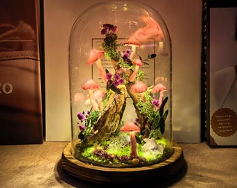 Enchanted Mushroom Lamp, Pink Mushroom Night Light, Fantasy Jungle Style Decor, Apartment Decoration, Bedroom Decor, Art Deco Lamp