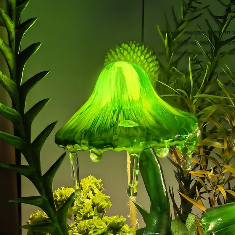 Pu&ograve; includere: Una vibrante scultura a forma di fungo in vetro verde con dettagli di goccioline d'acqua. Il fungo &egrave; circondato da un fogliame verde, creando un'opera d'arte stravagante ispirata alla natura. Il vetro ha un aspetto strutturato e la scultura &egrave; illuminata da una morbida luce verde.