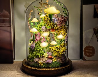 Yellow Mushroom Lamp, Enchanted Mushroom Night Light with Tree Arch & Ladybug, Fairyland, Natural Home Decor, Birthday Gifts