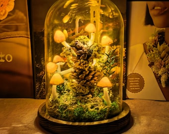 Yellow Mushroom Night Light, Mushroom Pine Cone Lamp, Dried Flower Decor, Ambient Light, Bedroom Decor, Unique Birthday Gifts, Unique Gift
