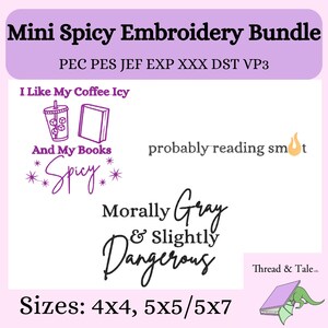 Könnte beinhalten: Lilafarbene Grafik mit dem Text "Mini Spicy Embroidery Bundle" und verschiedenen Sätzen wie "I Like My Coffee Icy" und "Morally Gray & Slightly Dangerous." Enthält Stickdateiformate und -größen.
