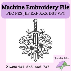 Sword with Flowers Embroidery Design | Fantasy Floral Weapon File PES DST EXP | Romantasy Aesthetic 4x4 5x5 6x6 7x7 Digital Download