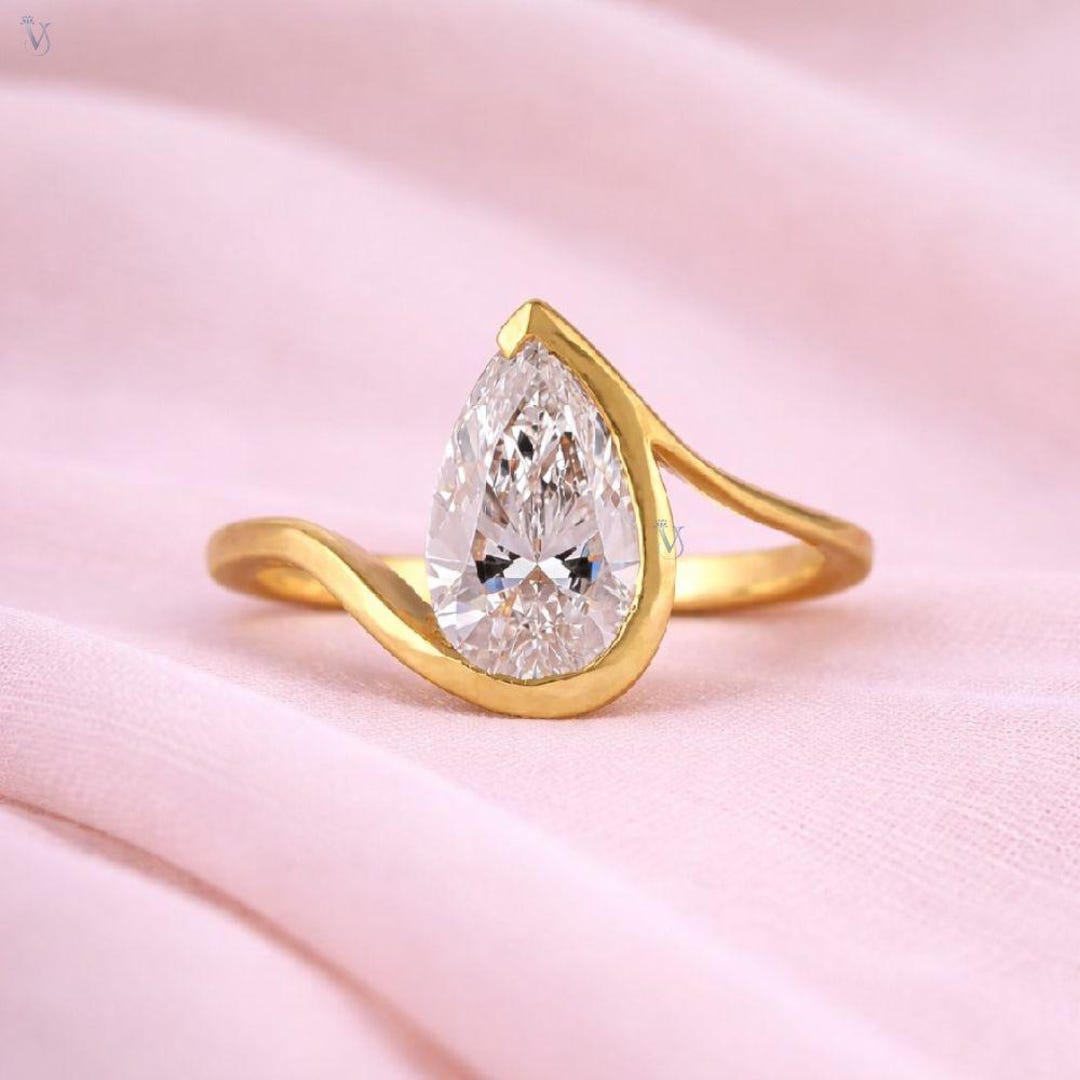 Lab Grown Diamond Ring Pear Cut Engagement Ring Half Bezel Set Wedding ...
