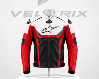 Black Leather Alpinstar Jacket with CE Protections - Leather motorcycle Jackets - Gift for him