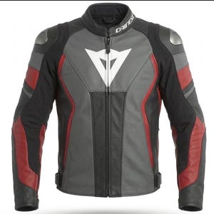 May include: A black, gray, and red motorcycle jacket with the brand name "Dainese" on the collar. The jacket features a white triangle logo on the chest and silver shoulder protectors. The design includes red accents on the sleeves and sides.
