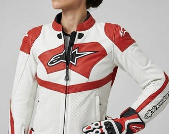 Red Leather Alpinestars Moto Jacket Woman - Leather Protection motorcycle Jackets - Gift for her