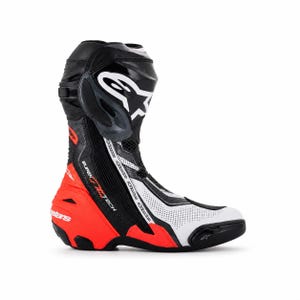May include: A black, white, and red motorcycle boot with the brand logo on the side. The boot has a high-top design with a perforated white section on the front. The heel and lower back are red, and the boot is made of a combination of leather and synthetic materials.