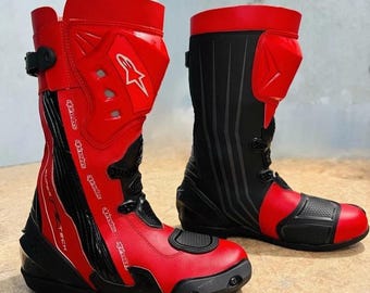 Alpinestars Red Motorcycle Racing Boots, Leather Alpinestar Boots, Protective Moto Gear, Gift for him